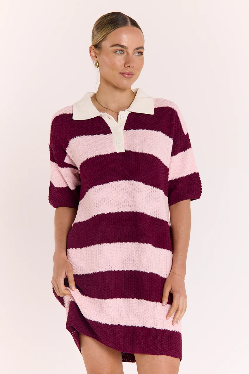 Bree Knitted Dress - Pink Burgundy Stripe - Image 2