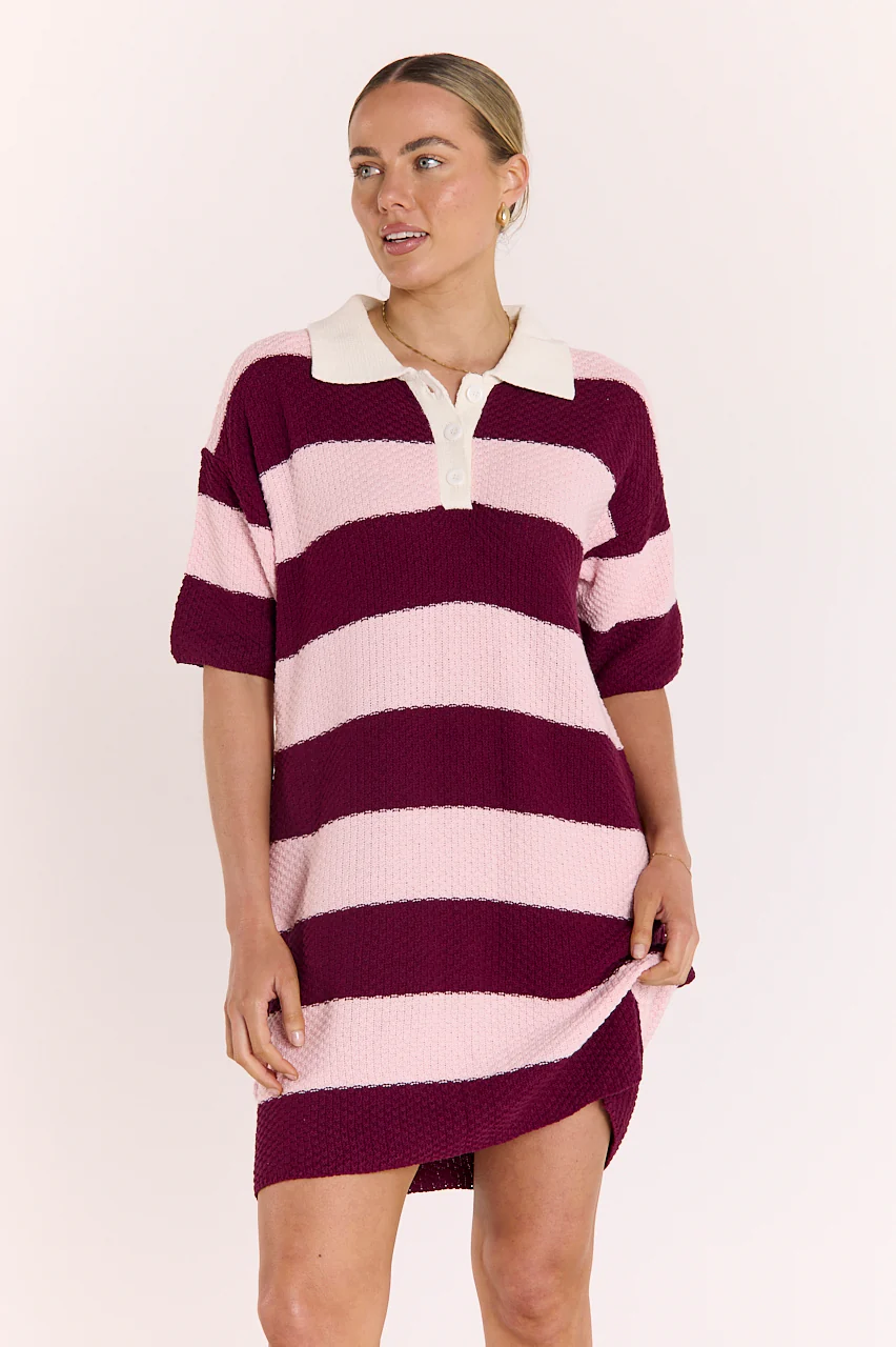 Bree Knitted Dress - Pink Burgundy Stripe - Image 4