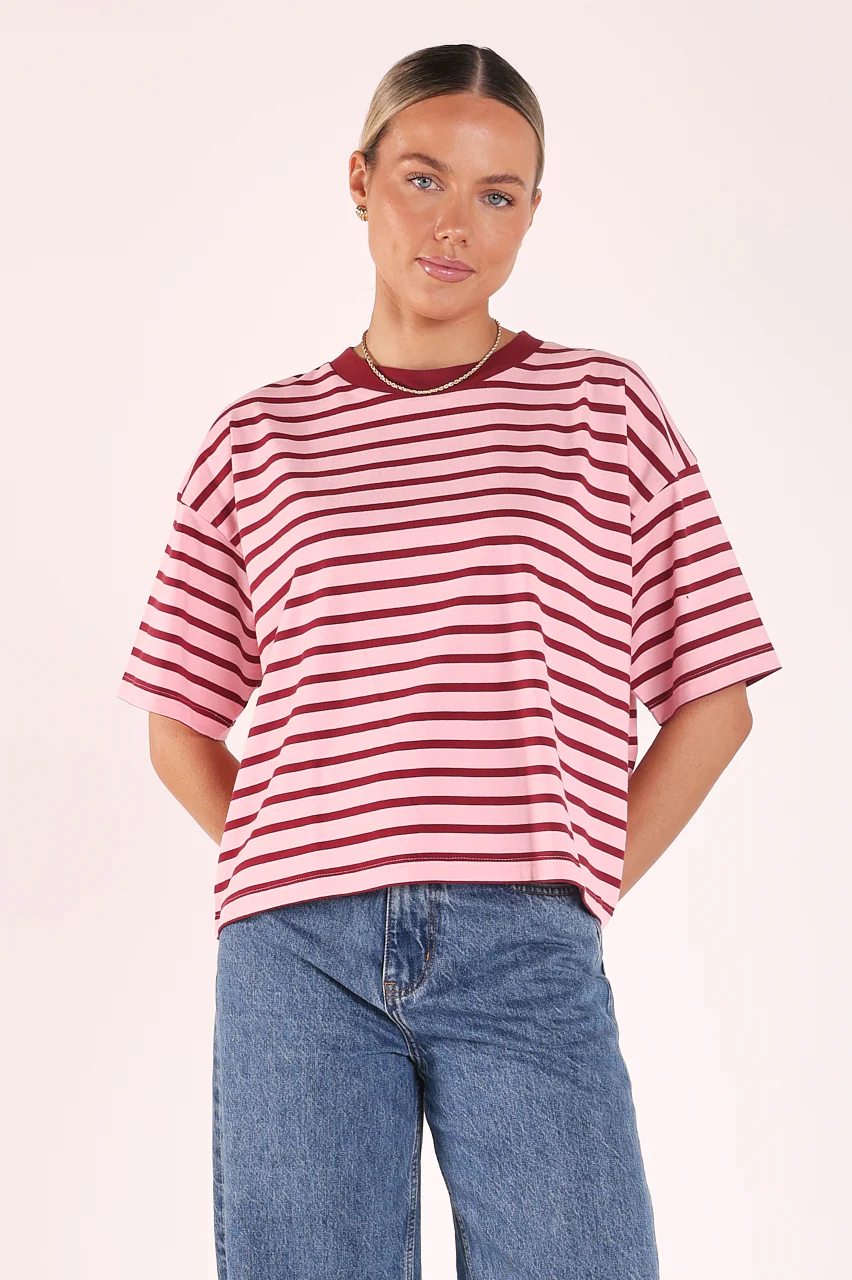 Carter Boxy Tee - Pink Burgundy Stripe