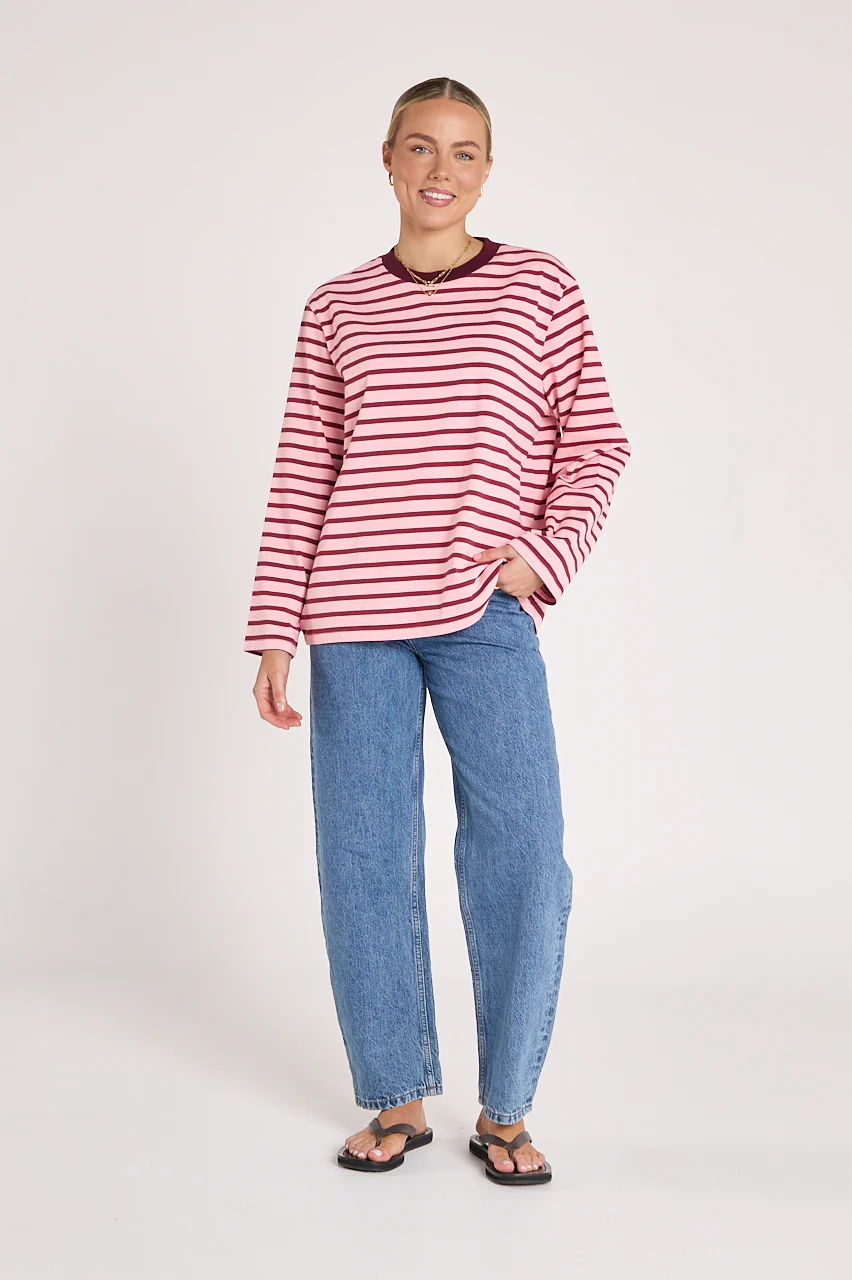 PRE-ORDER Carter Long Sleeve Tee - Burgundy Pink Stripe - Image 3