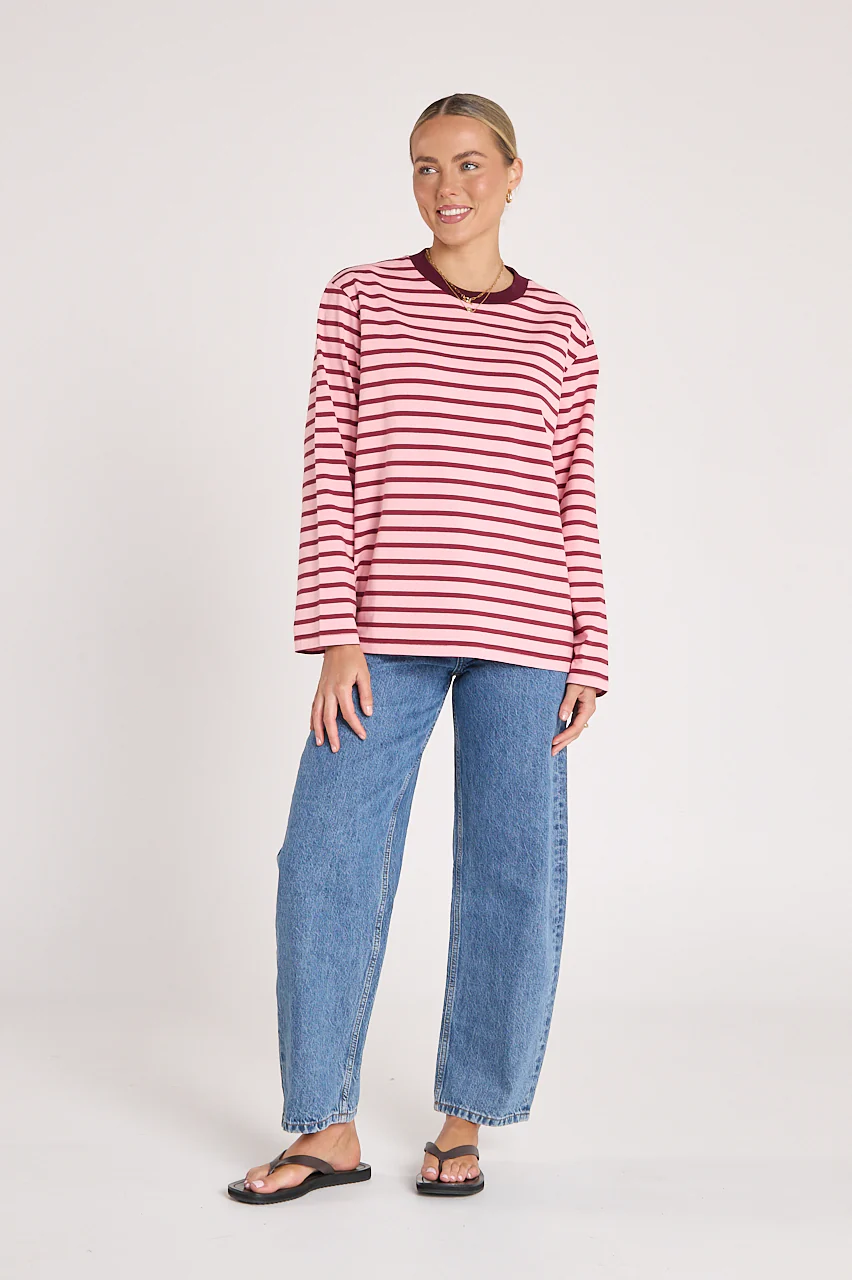 PRE-ORDER Carter Long Sleeve Tee - Burgundy Pink Stripe - Image 4