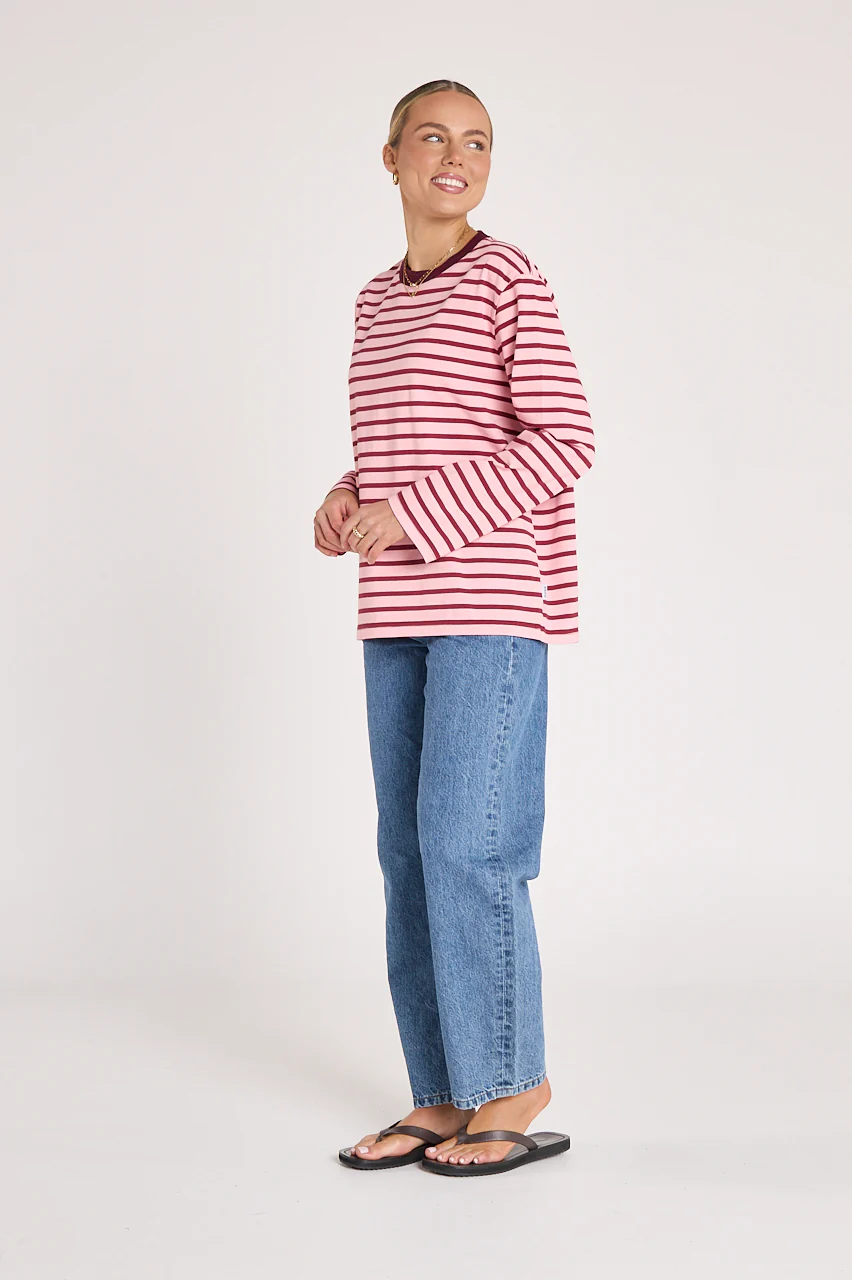 PRE-ORDER Carter Long Sleeve Tee - Burgundy Pink Stripe - Image 5