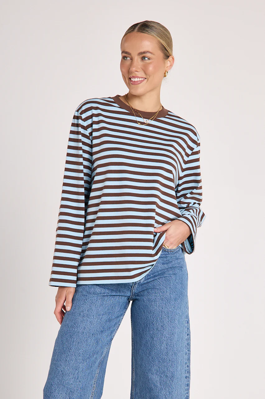 PRE-ORDER Carter Long Sleeve Tee - Chocolate Blue Stripe - Image 3