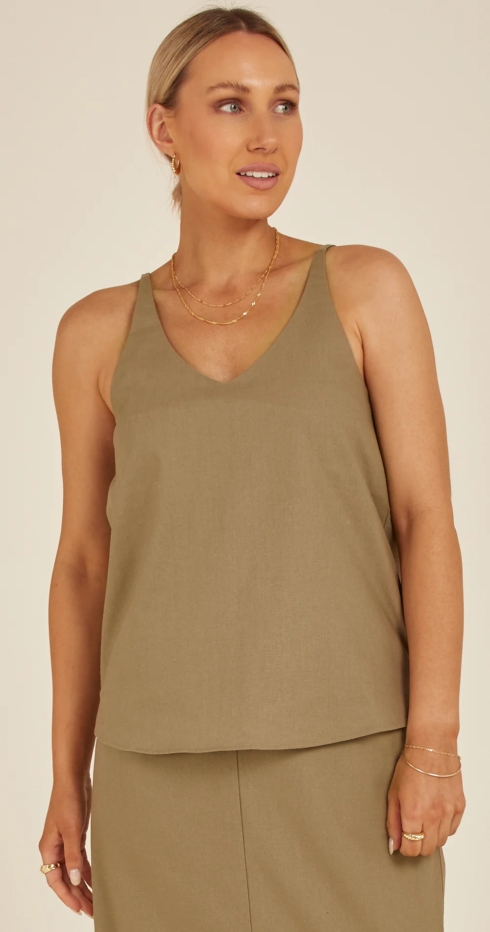 Chloe Linen Blend Cami - Khaki - Image 3