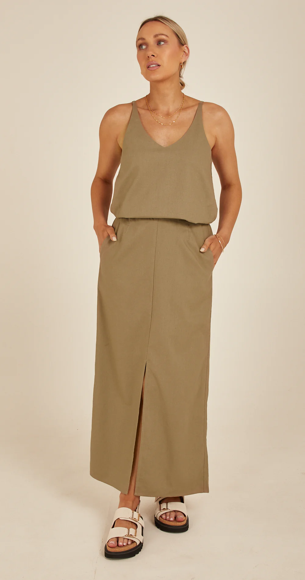 Chloe Linen Blend Cami - Khaki - Image 4