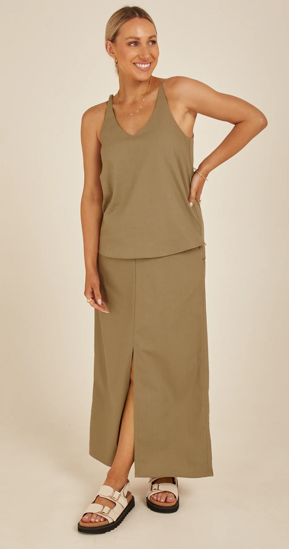 Chloe Linen Blend Cami - Khaki - Image 5