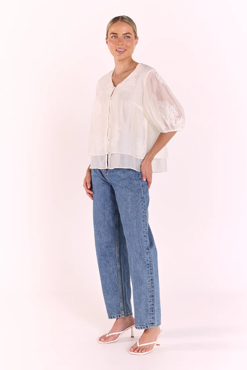 Daphne Embroidered Top - Cream - Image 5