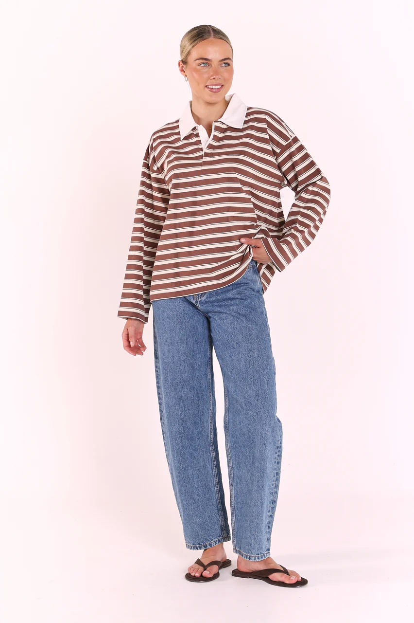 Finn Long Sleeve Rugby Top - Choc Cream Stripe - Image 3