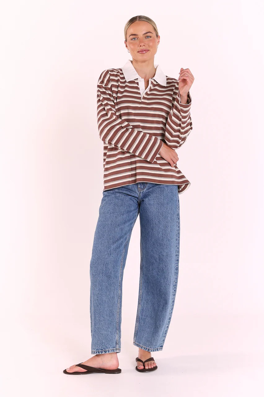 Finn Long Sleeve Rugby Top - Choc Cream Stripe - Image 4