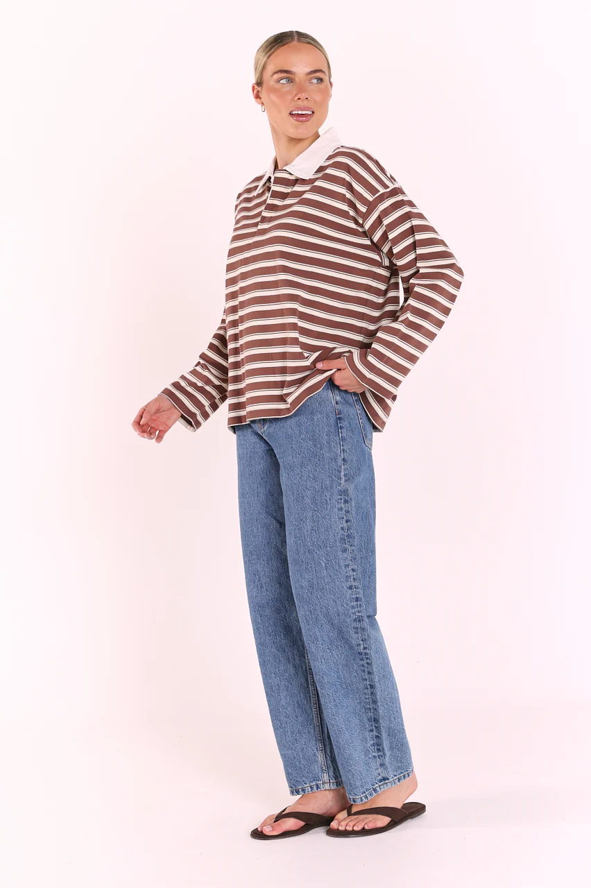 Finn Long Sleeve Rugby Top - Choc Cream Stripe - Image 5