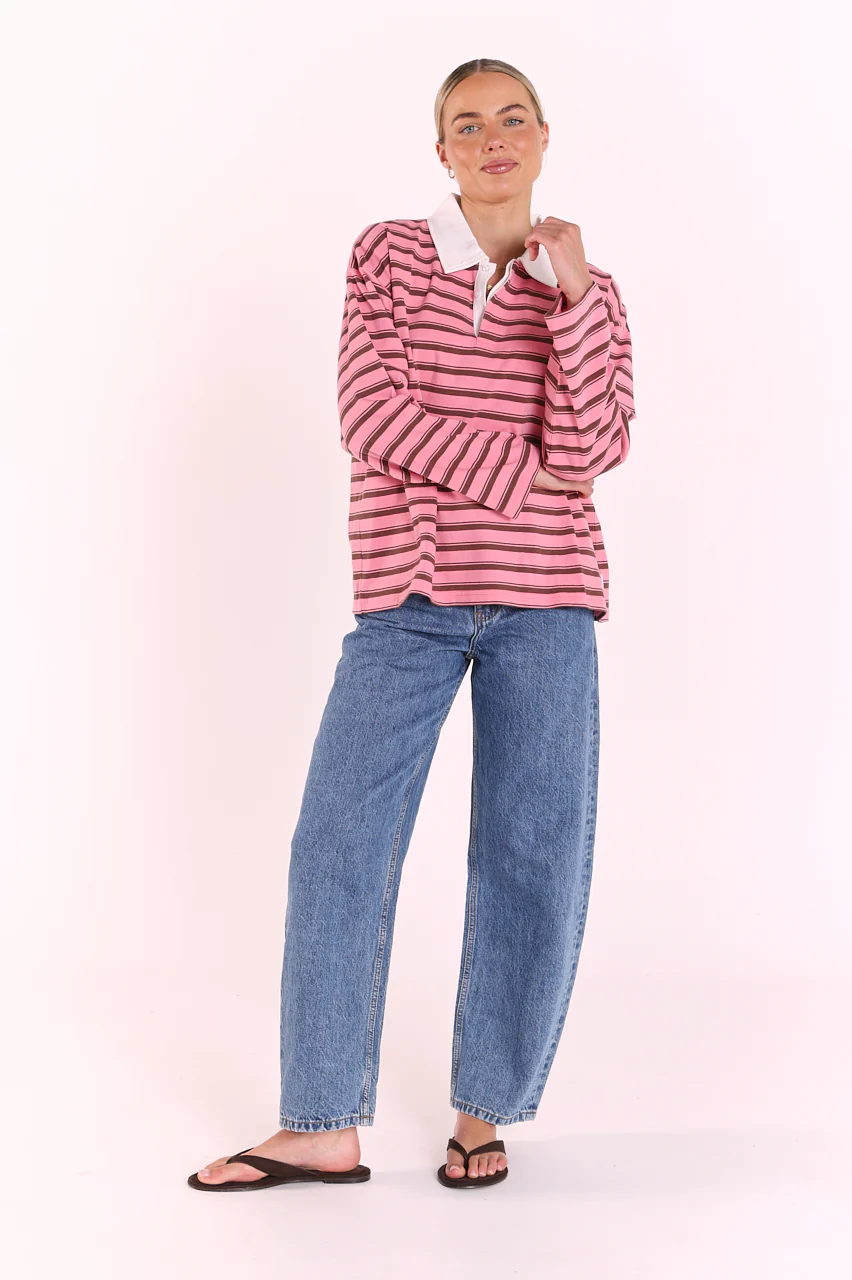 Finn Long Sleeve Rugby Top - Pink Choc Stripe - Image 3