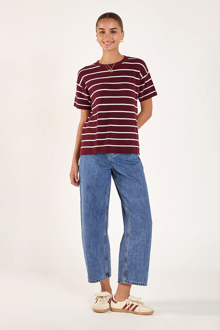 Jasper Knitted Tee - Burgundy White Stripe - Image 2