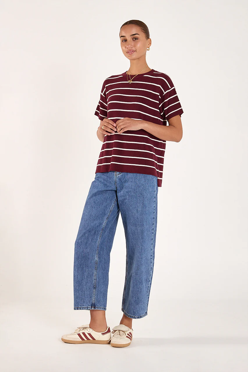 Jasper Knitted Tee - Burgundy White Stripe - Image 3