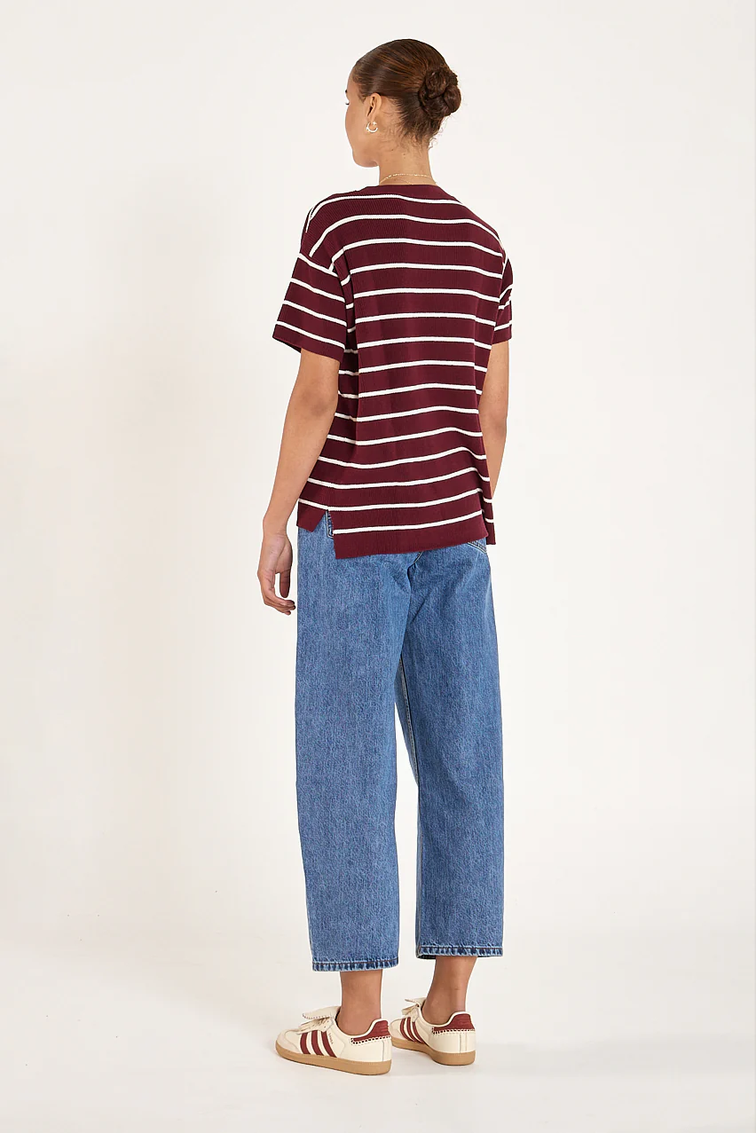 Jasper Knitted Tee - Burgundy White Stripe - Image 4