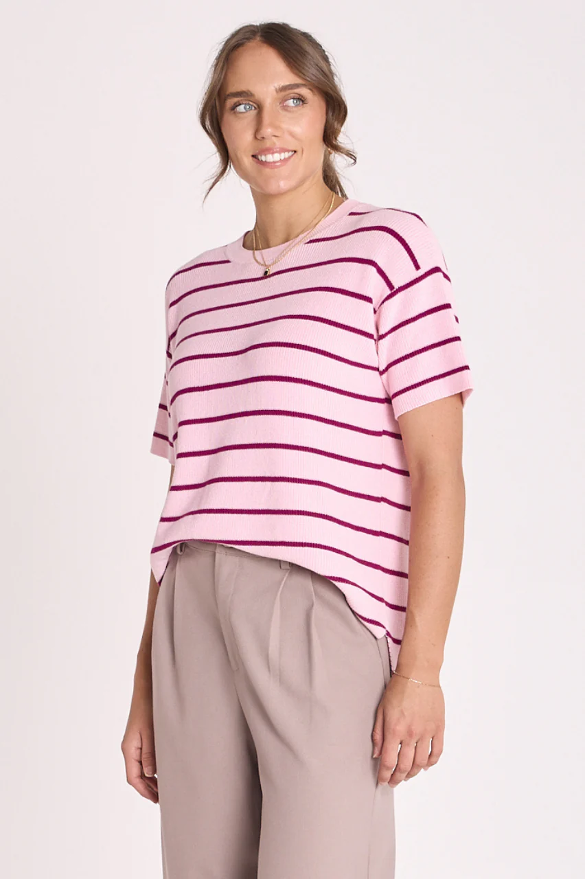 Jasper Knitted Tee - Pink Burgundy Stripe - Image 5