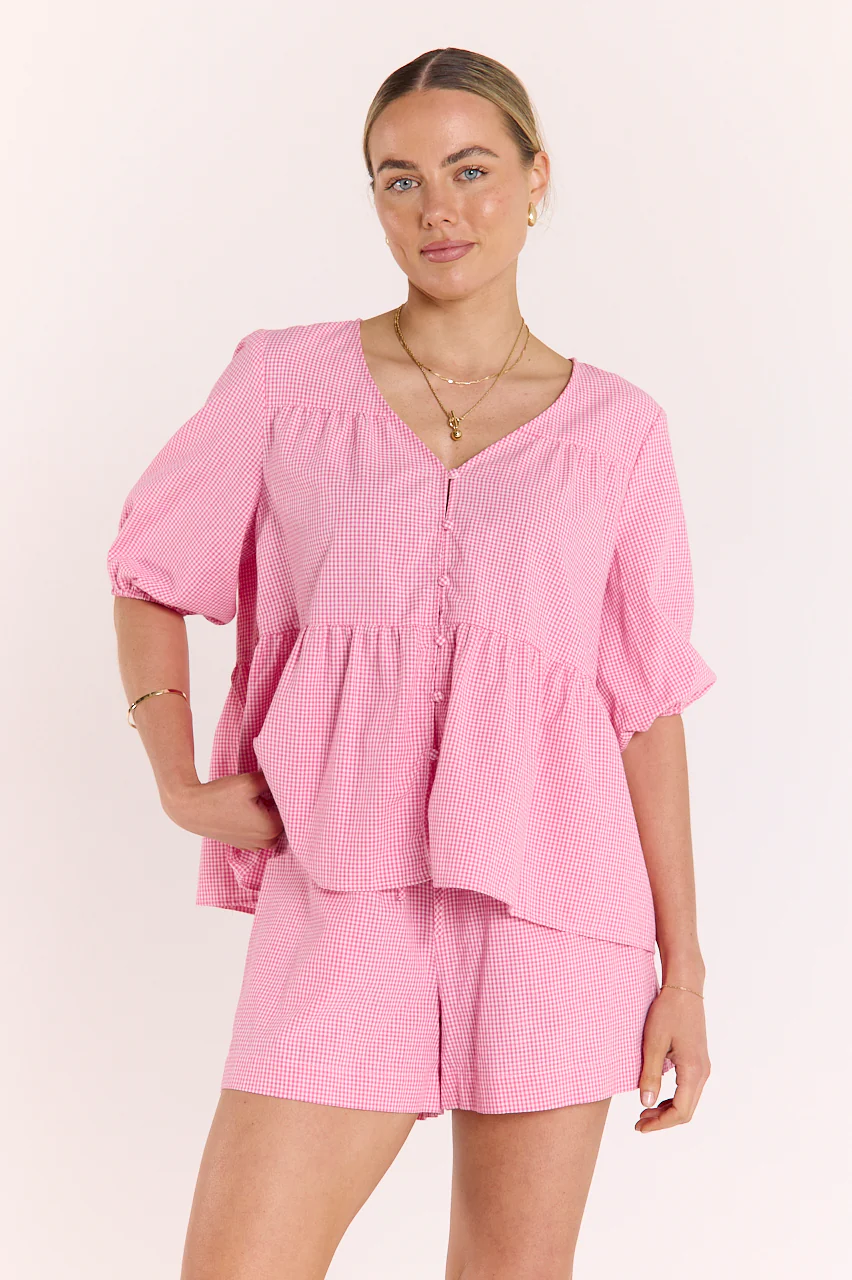 Lottie Short Sleeve Top - Pink Gingham