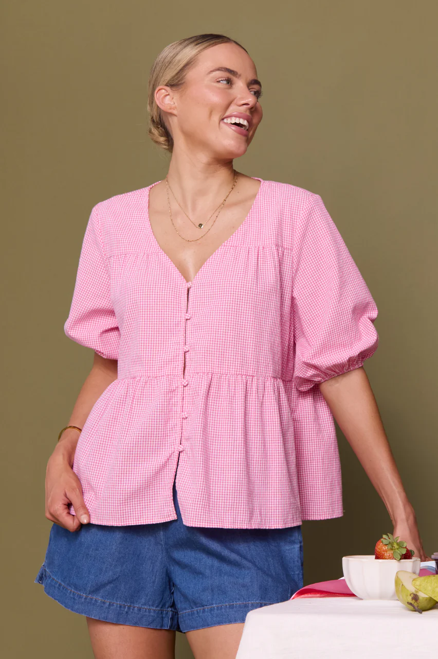 Lottie Short Sleeve Top - Pink Gingham - Image 2