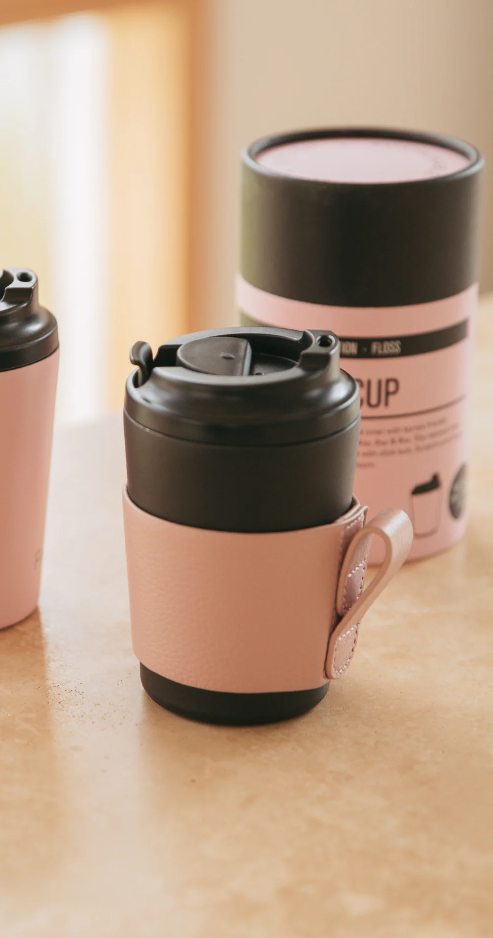 Reusable Cup 8oz with Leather Sleeve - Coal & Pink - Image 3