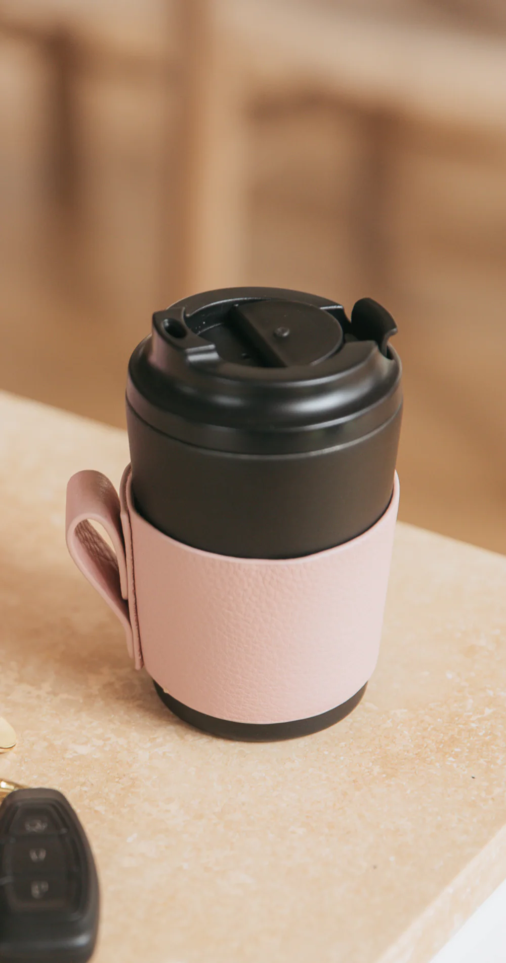 Reusable Cup 8oz with Leather Sleeve - Coal & Pink - Image 4