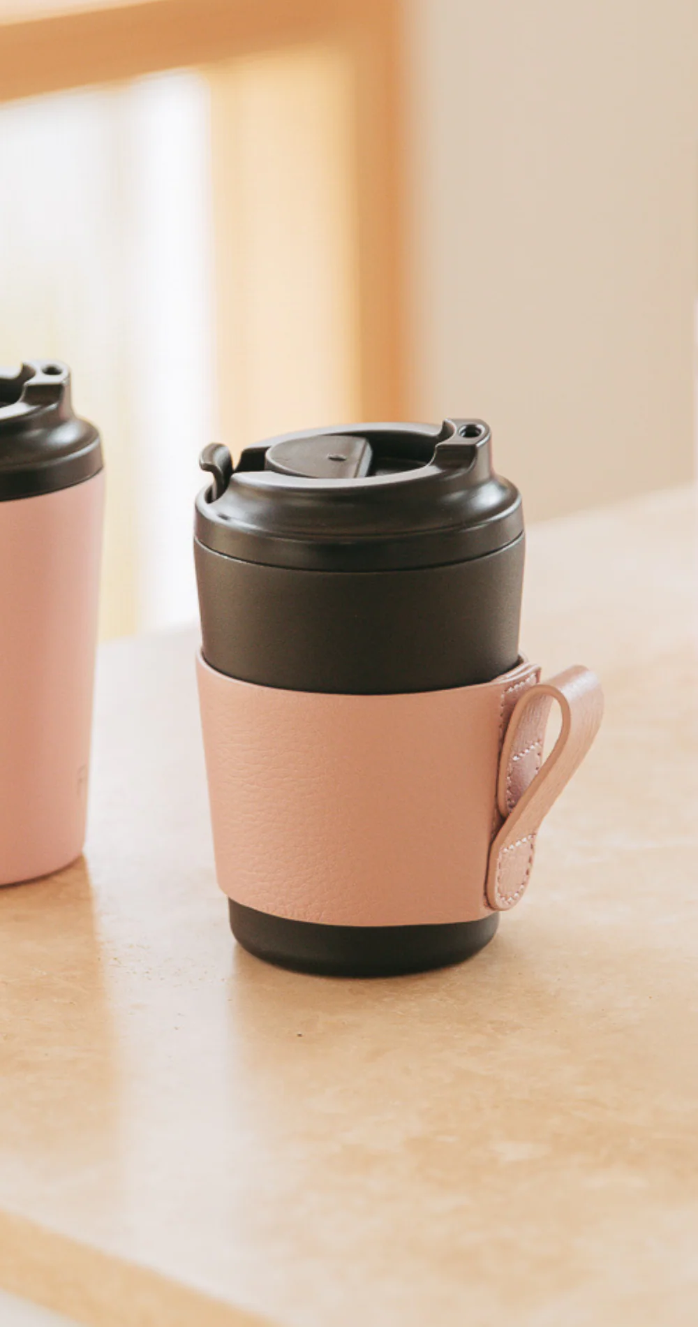 Reusable Cup 8oz with Leather Sleeve - Coal & Pink - Image 5