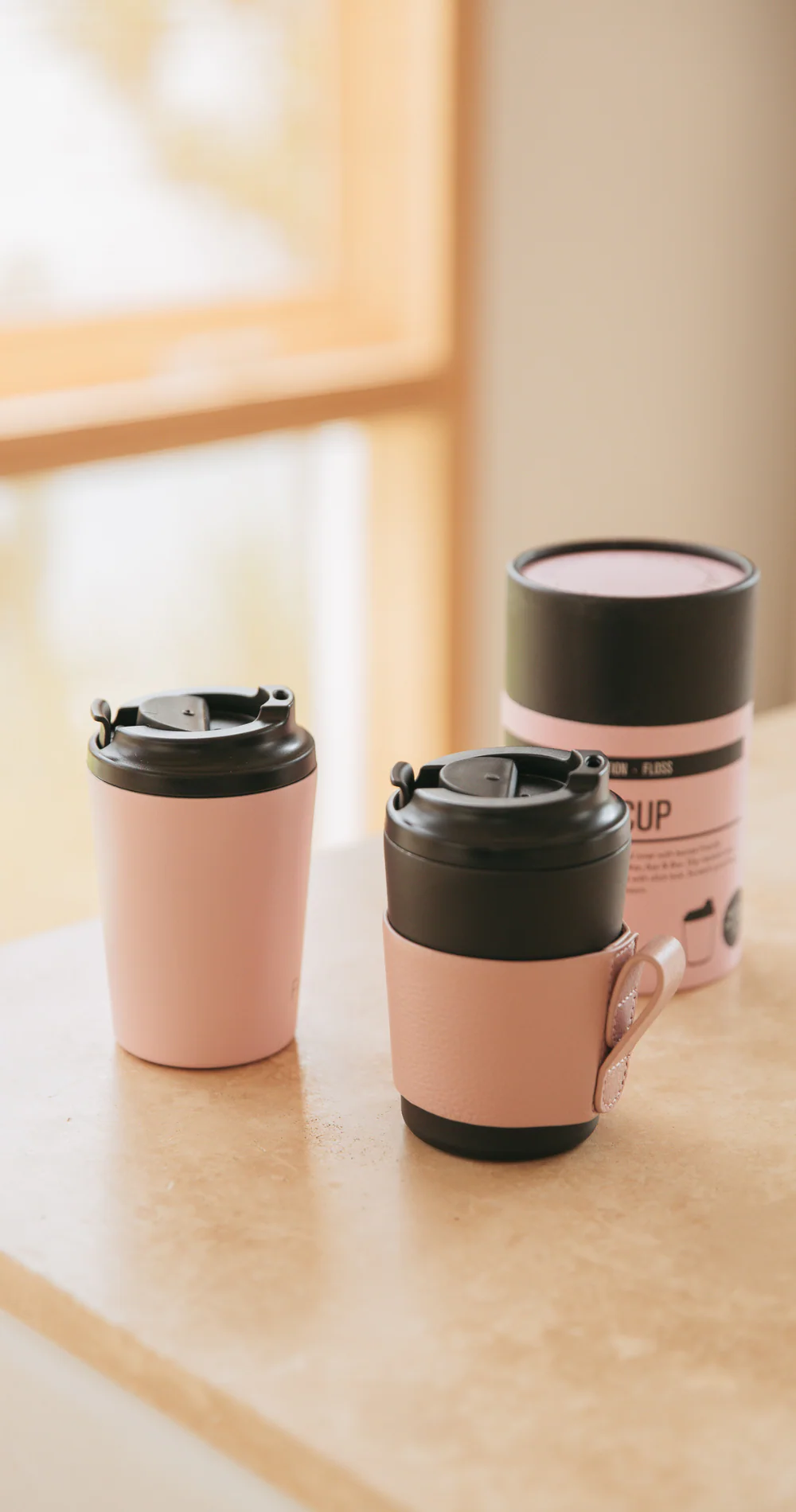 Reusable Cup 8oz with Leather Sleeve - Coal & Pink - Image 7